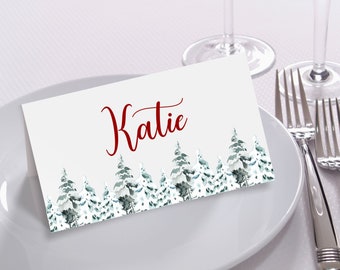 Christmas tree dinner party place card template, winter party name card printable, editable festive holidays place card, digital download