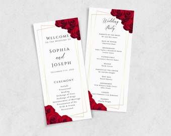 Wedding program template, red rose wedding ceremony program, gold frame printable double sided program 4x9, editable download #BL6