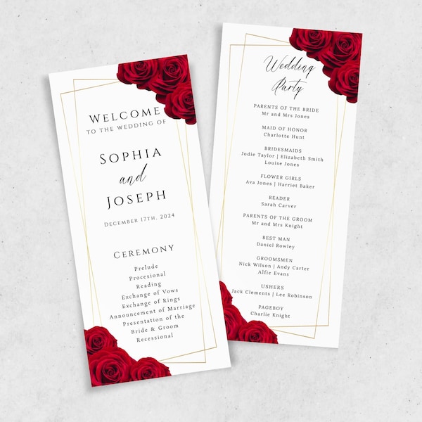 Wedding program template, red rose wedding ceremony program, gold frame printable double sided program 4x9, editable download #BL6