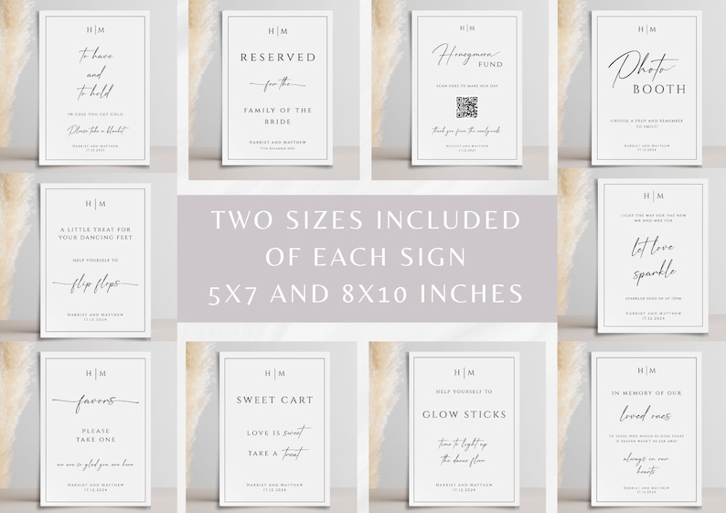 May include: Set of ten printable wedding signs in black and white with a minimalist design. The signs include text such as "To Have and To Hold", "Reserved for the Family of the Bride", "Honeymoon Fund", "Photo Booth", "A Little Treat for Your Dancing Feet", "Help Yourself to Flip Flops", "Let Love Sparkle", "Favors, Please Take One", "Sweet Cart, Love is Sweet, Take a Treat", "Help Yourself to Glow Sticks", and "In Memory of Our Loved Ones, Always in Our Hearts". The signs are available in two sizes: 5x7 inches and 8x10 inches.