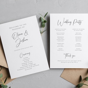 Puede incluir: Programa de la ceremonia de boda con los nombres Olivia & Joshua y la fecha del sábado 27 de agosto de 2022. El programa enumera el orden de los eventos de la ceremonia, incluyendo el preludio, la procesión, la lectura, el intercambio de votos, el intercambio de anillos, el anuncio del matrimonio, la presentación de la novia y el novio, y la recesión. La segunda página enumera la fiesta de bodas, incluyendo los padres de la novia y el novio, la dama de honor, las damas de honor, los padrinos de boda, los acompañantes, las damas de honor, la lectora y los pajes.