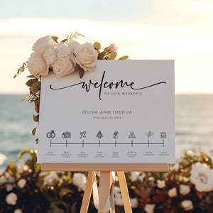 Pode incluir: Um cartaz de boas-vindas de casamento branco com texto em caligrafia preta que diz "Bem-vindos ao nosso casamento" e "Olivia e Joshua" com a data "27 de agosto de 2022". O cartaz também inclui uma linha do tempo dos eventos do casamento com ícones para a cerimônia, fotos, hora do coquetel, jantar, corte do bolo, primeira dança e pista de dança aberta.
