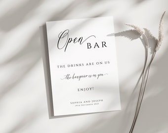 Open bar sign template printable, wedding open bar sign, modern script drinks are on us, black & white diy wedding, editable download #BL11