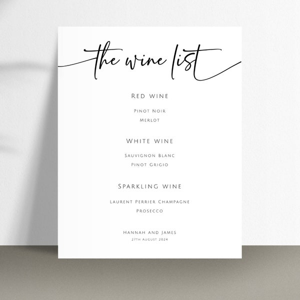 Wine menu sign template, minimalist wedding wine list sign printable, modern diy drinks menu template sign, editable download