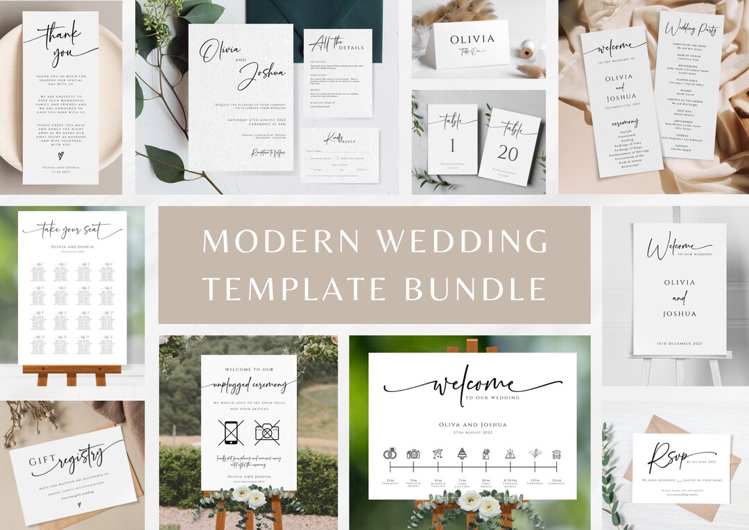 Modern Wedding Template Bundle, Diy Wedding Printables, Minimalist ...