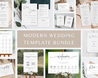 May include: A collection of printable wedding templates in a modern style. The templates include a welcome sign, seating chart, RSVP card, and more. The text on the templates includes the names Olivia and Joshua.