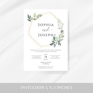 Eucalyptus wedding invitation template, greenery and gold frame printable wedding, green and gold 5 x 7 invite, editable download image 4