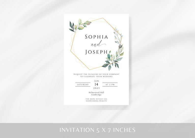 Eucalyptus wedding invitation template, greenery and gold frame printable wedding, green and gold 5 x 7 invite, editable download image 4