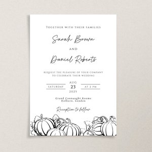 Fall wedding invitation template, black and white autumn pumpkin wedding invite, minimalist pumpkin outline printable & editable invitation image 2