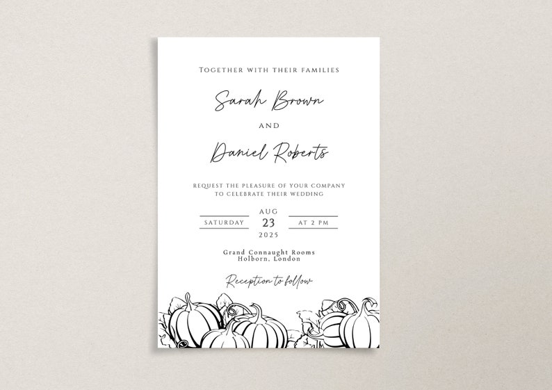 Fall wedding invitation template, black and white autumn pumpkin wedding invite, minimalist pumpkin outline printable & editable invitation image 2