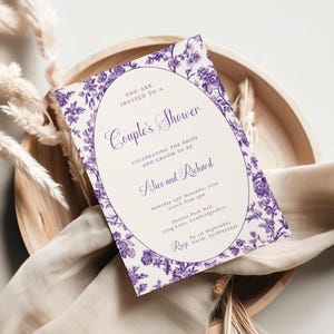 Modello di invito per la festa di coppia in tela viola, per la festa degli sposi, stampa floreale vintage fai da te (download digitale Templett)