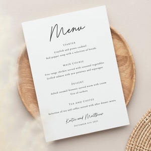 Bruiloft menusjabloon, eenvoudig bruiloftsmenu teken, afdrukbaar modern script evenementmenu 5x7 & A5, minimalistische menukaart, bewerkbare download #BL46