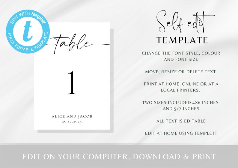 Wedding Table Numbers Printable Template, Editable Black & White Table ...