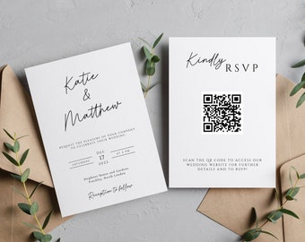 Simple wedding invitation template, upload your QR code, double sided printable invitation, diy wedding, minimalist editable invite #BL46