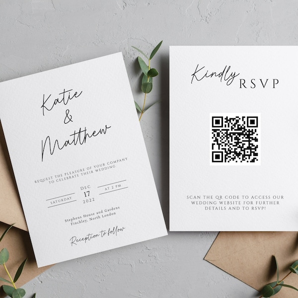 Simple wedding invitation template, upload your QR code, double sided printable invitation, diy wedding, minimalist editable invite #BL46