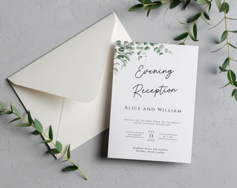 Eucalyptus evening reception invitation template, green wedding reception invite with QR rsvp, printable invitation, editable download #BL9