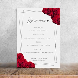 Szablon menu czerwonego baru weselnego, czerwony różany znak menu drinków, drukowana czerwona karta menu baru na wydarzenie, menu DIY z czarną ramką, edytowalne pobieranie #BL2