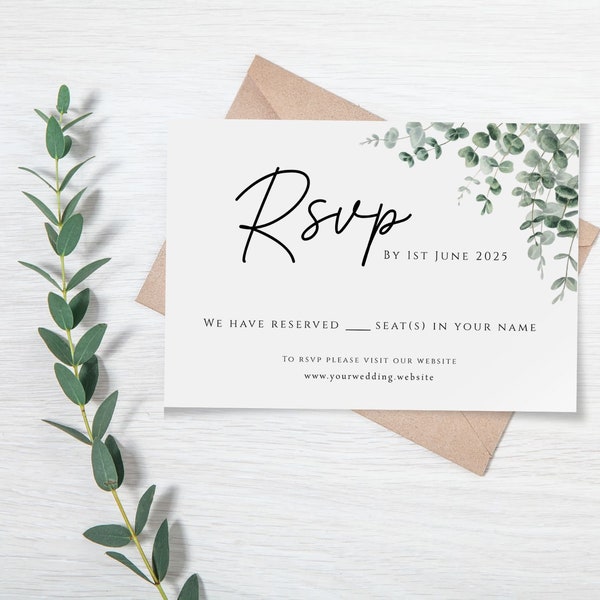 Wedding rsvp card template, eucalyptus diy rsvp card, greenery wedding response, printable rsvp card insert green, editable download #BL9