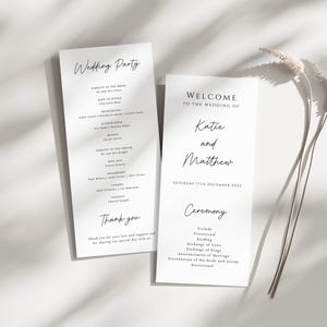 Simple wedding program template, tall black and white wedding program, minimalist printable double sided program, editable download #BL46