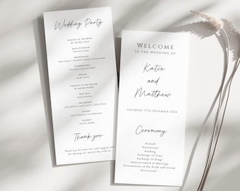 Simple wedding program template, tall black and white wedding program, minimalist printable double sided program, editable download #BL46