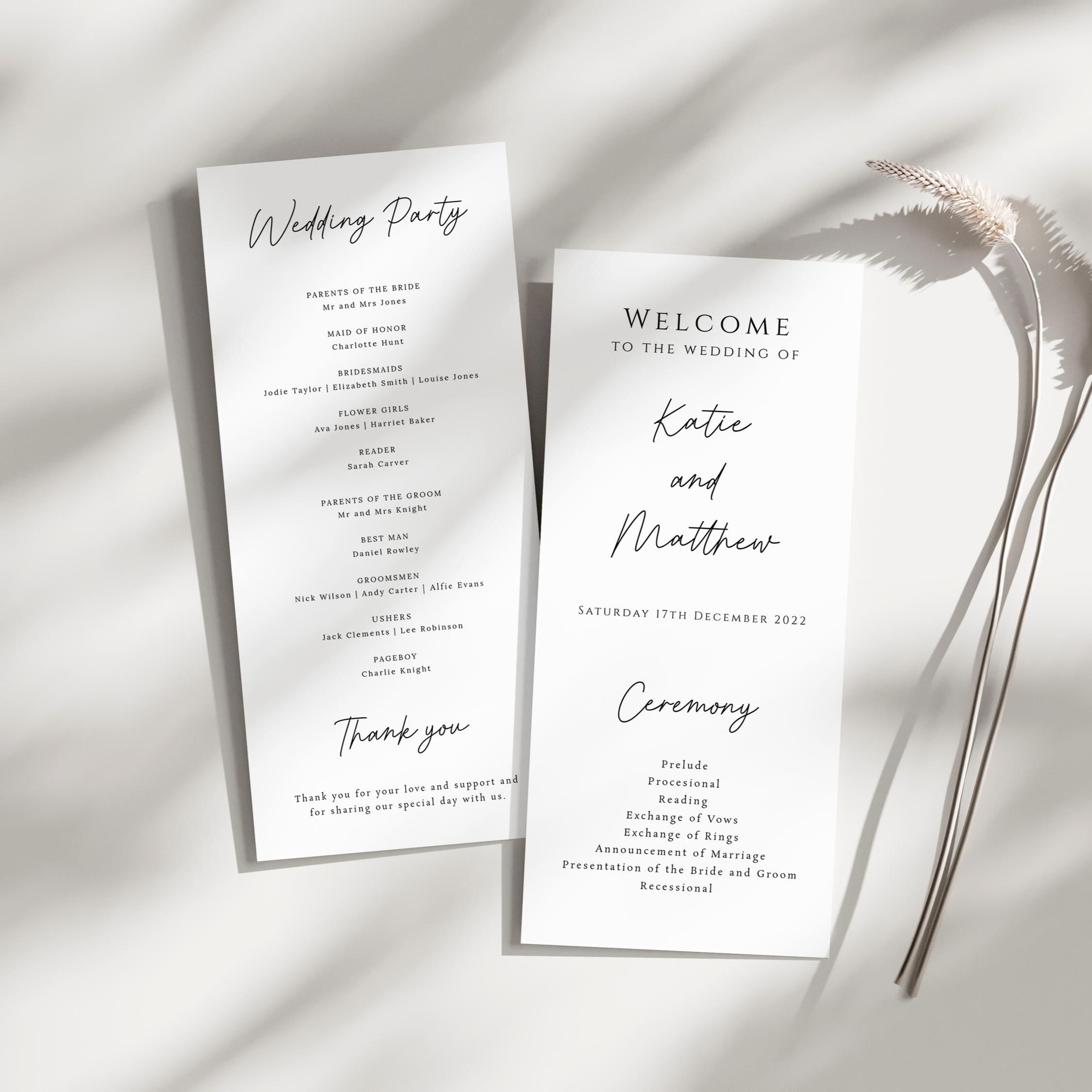 Simple Wedding Program Template, Tall Black and White Wedding Program ...