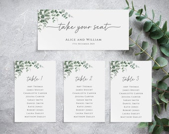 Wedding seating chart cards template, eucalyptus table plan cards, 4x6 greenery table names, editable table plan, printable download #BL9