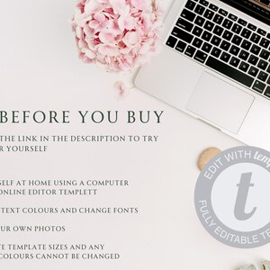 May include: A white background with text that reads "TRY BEFORE YOU BUY" and instructions on how to edit a template using the online editor Templett. The text also states that template sizes and artwork colors cannot be changed. A laptop computer, a pink flower, and a gray circle with the text "EDIT WITH TEMPLETT FULLY EDITABLE TEMPLATE" are also visible in the image.