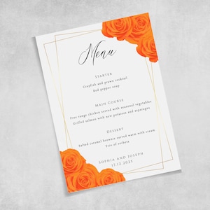 Modèle de menu orange et or, signe de menu de mariage grand rose orange, carte de menu imprimable de fête 5x7, menu d'événement de bricolage, téléchargement modifiable de templett