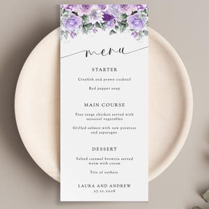 Plantilla de menú de boda morada, menú de cena alto en tonos lila y verde, tarjeta de menú floral rústica imprimible DIY, descarga Templett editable BL27