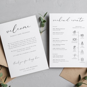 Modèle de carte d'événements de week-end de mariage, note de bienvenue et chronologie avec icônes, ordre du jour imprimable simple et élégant, modifiable # BL10