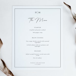 Hochzeit Menüvorlage, 8x10 Monogramm Hochzeit Menü Schild, schwarzer Rand mit Paar Initialen druckbare Menükarte, editierbarer Download #BL51