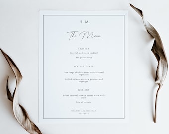 Wedding menu template, 8x10 monogram wedding menu sign, black border with couples initials printable menu card, editable download #BL51