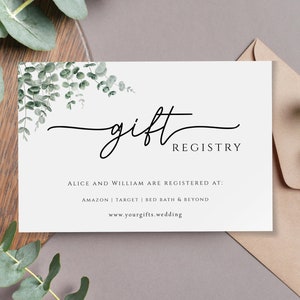 May include: A white gift registry card with the word "gift registry" in elegant black script. The card is decorated with watercolor eucalyptus leaves and the names Alice and William. The card lists Amazon, Target, and Bed Bath & Beyond as registry locations.