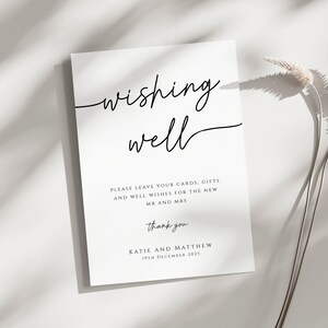 Plantilla de letrero de pozo de deseos de boda, letrero de regalos y tarjetas de boda imprimibles, estilo simple de escritura a mano en blanco y negro, descarga editable #BL46