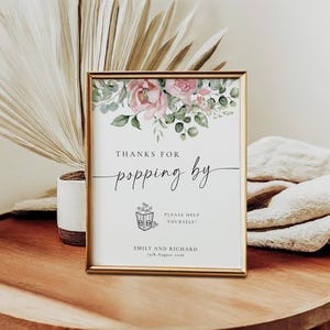 Pink popcorn sign template, thanks for popping by sign printable, eucalyptus & pink peony diy wedding party sign, Templett download #BL22
