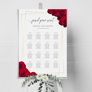 Rode en gouden bruiloft zitplaatsen grafieksjabloon, bewerkbaar tafelplan, grote rode roos & gouden rand zitbord afdrukbaar, Templett download BL6