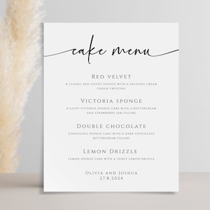 Hochzeit Kuchen Menü Zeichen Vorlage, moderne Kuchen Geschmack druckbare Schild, 8x10 Skript schwarz & weiß Hochzeitsmenü, bearbeitbarer Download #BL77