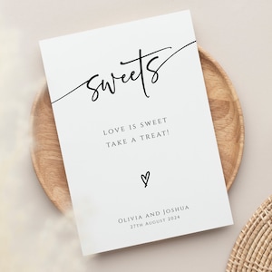 Love is sweet take a treat sign template, printable wedding sweets sign, minimalist sweet cart treats sign, editable Templett download #BL77