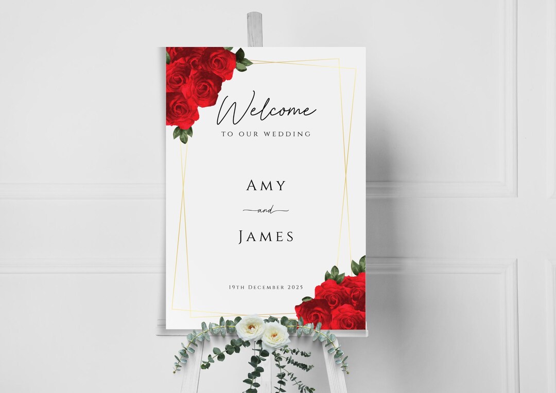 Red and Gold Wedding Welcome Sign Template, Red Rose Printable Welcome ...