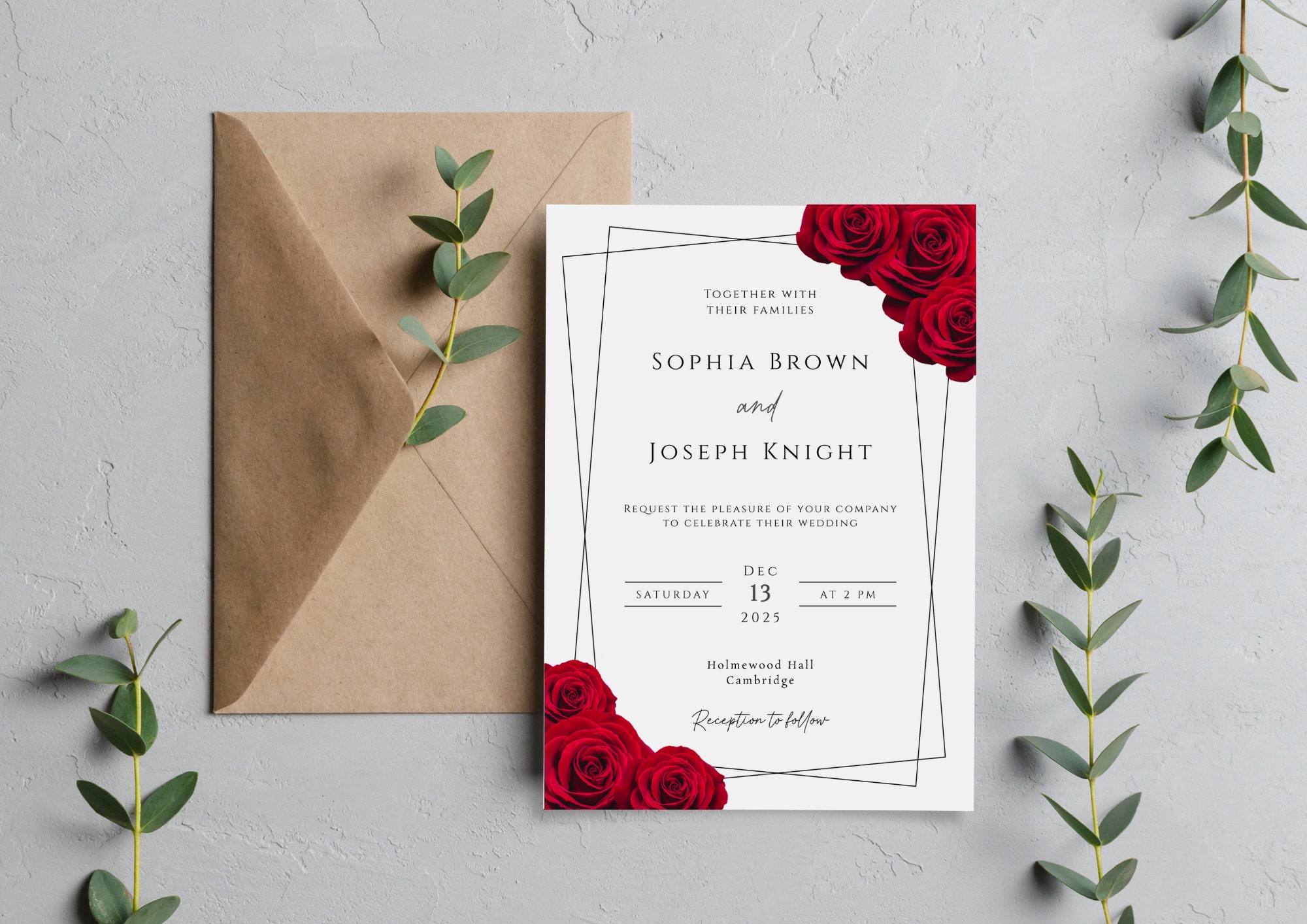 Red Rose Wedding Invitation Template Set, Red Floral and Black Border ...