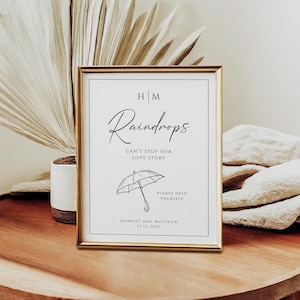 Wedding umbrella sign sign template, monogram and black border printable sign, elegant raindrops diy sign, editable Templett download #BL51