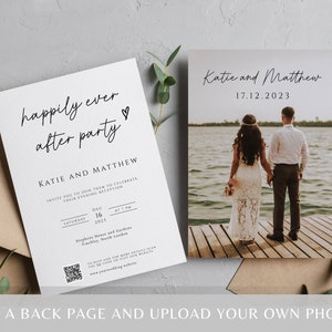 Happily ever after party wedding invitation template, upload your own QR code evening reception invite, print at home, editable invite BL46 image 3