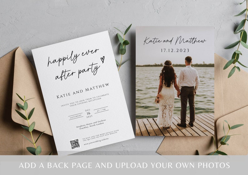 Happily ever after party wedding invitation template, upload your own QR code evening reception invite, print at home, editable invite BL46 image 3