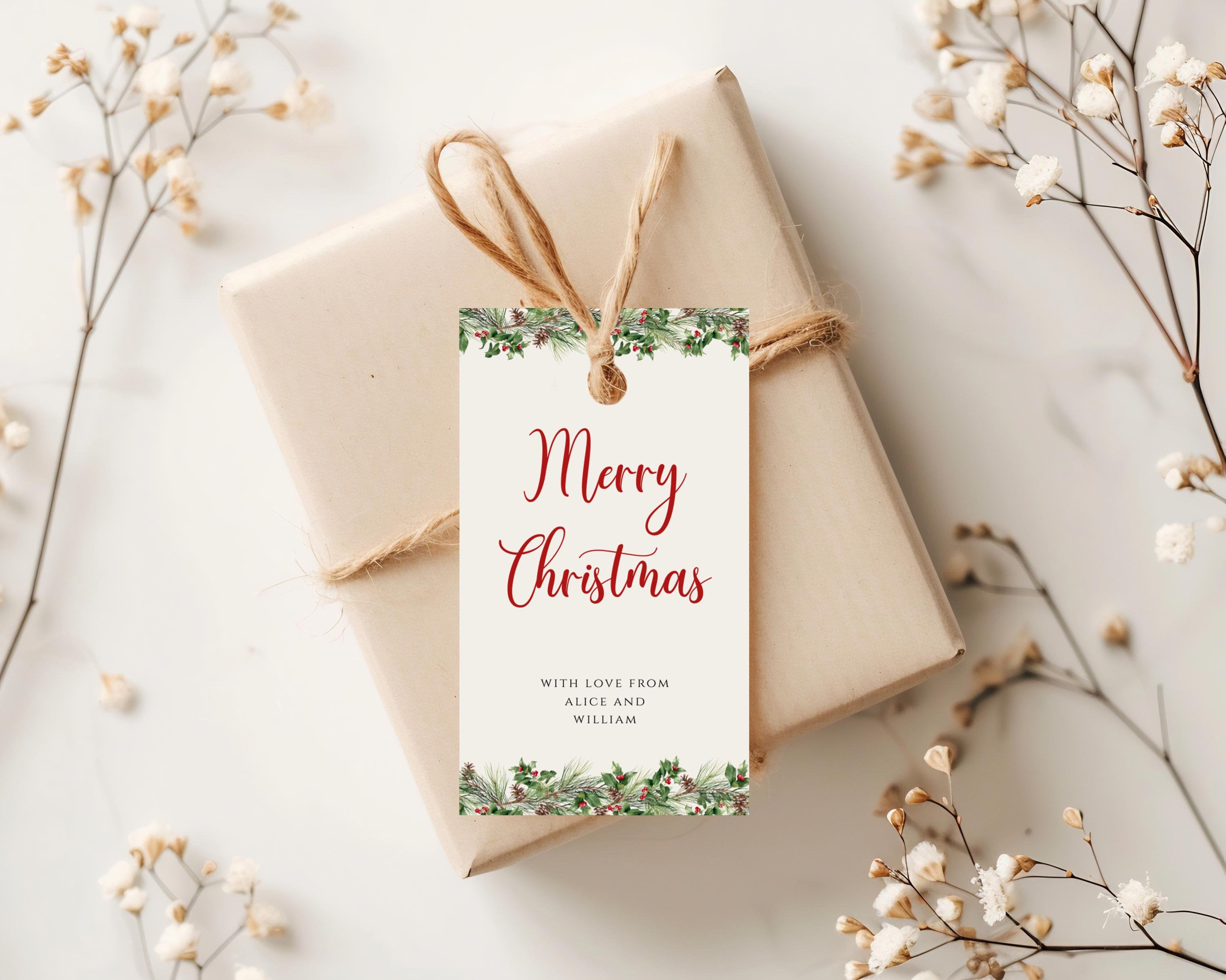 Christmas Holly Gift Tag Template, Printable Winter Greenery Party Tags ...