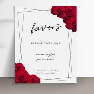 Plantilla de signo de favores de boda, signo de favor de boda imprimible con rosa roja, favores de bricolaje en blanco rojo y negro toman un signo, descarga editable #BL2