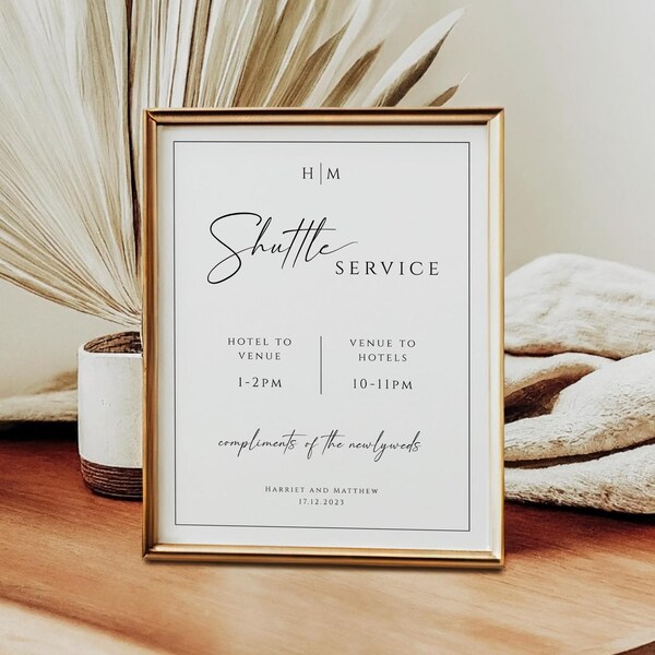Monogram Wedding shuttle sign template, transportation printable sign, minimalist bus sign with border, diy wedding, editable download #BL51