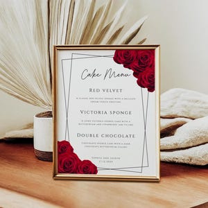 Roter Kuchen Menü Schild, Rosen Hochzeitstorte Geschmacksrichtungen Schild zum Ausdrucken, schwarzer Rand rot floral, Kuchen Zutaten bearbeitbar #BL2