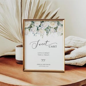 White wedding love is sweet sign template, printable sweet cart sign, white floral and greenery diy sign, editable Templett download #BL23