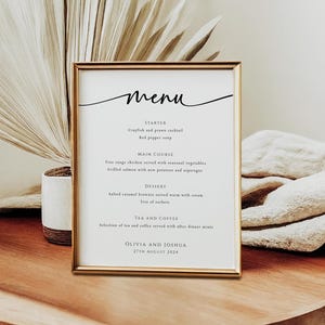 Plantilla de menú de boda moderna, letrero de menú imprimible simple en blanco y negro de 8 x 10, tarjeta de menú de evento minimalista de bricolaje, descarga de Templett editable BL77