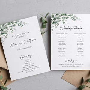 Modelo de programa de casamento de eucalipto, ordem de serviço de cerimônia de casamento, programa para impressão de vegetação, programa verde, download editável #BL9
